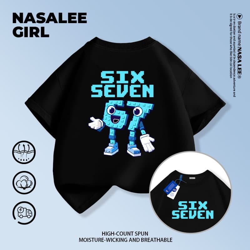 ส่งของในวันเดียวกัน เสื้อยืดผ้าฝ้ายเด็ก NASA สีดำ ลาย sixseven แฟชั่นจากต่างประเทศ ทรงหลวม รูปที่ 1