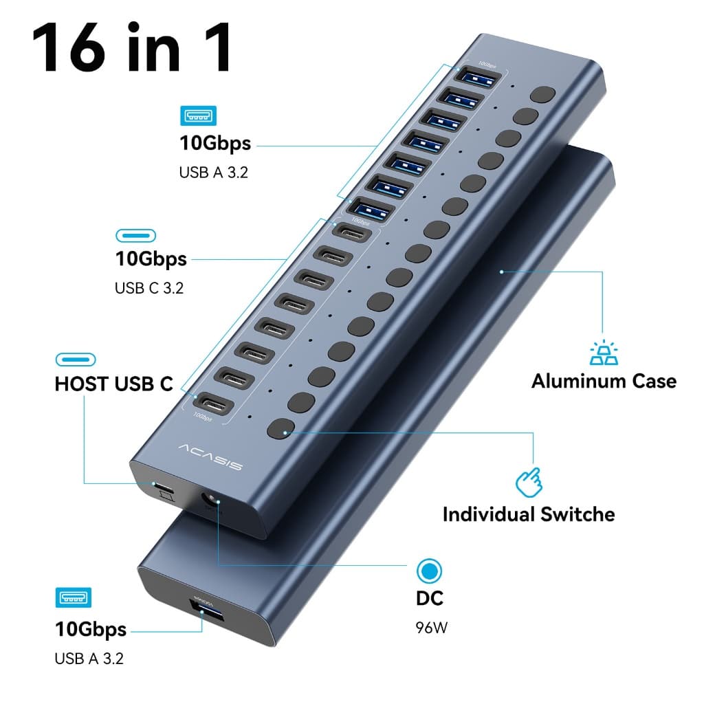 ACASIS 16 พอร์ต 10Gpbs USB3.2 Hub 8 * USB-A & 8 * USB-C 3.2 HUB รองรับ BC1.2 ชาร์จ 12V8A อะแดปเตอร์อลูมิเนียม Type-C Splitter สําหรับ Macbook อุปกรณ์เสริมเดสก์ท็อป รูปที่ 3