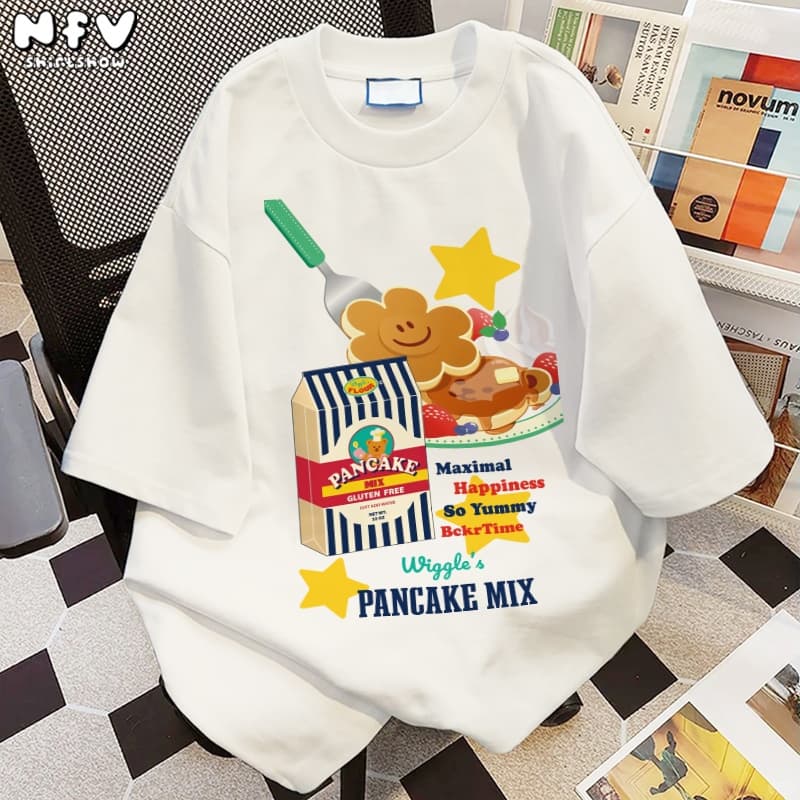NFV สไตล์เกาหลีเสื้อยืด oversize ใส่สบาย ลวดลายเค้กการ์ตูน ระบายอากาศ ผ้าฝ้าย YG3525 รูปที่ 1