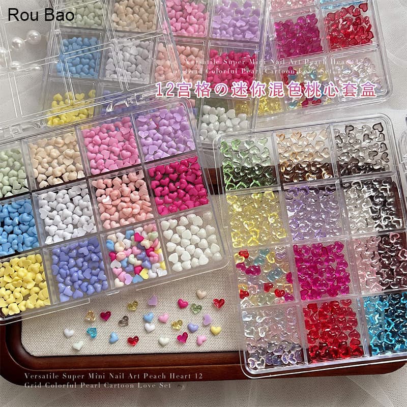 Rou Bao 12 กริดเล็บผสมสีสัน Mini Heart Girly เรซิ่นเล็บ Art DIY Charms ตกแต่ง รูปที่ 1
