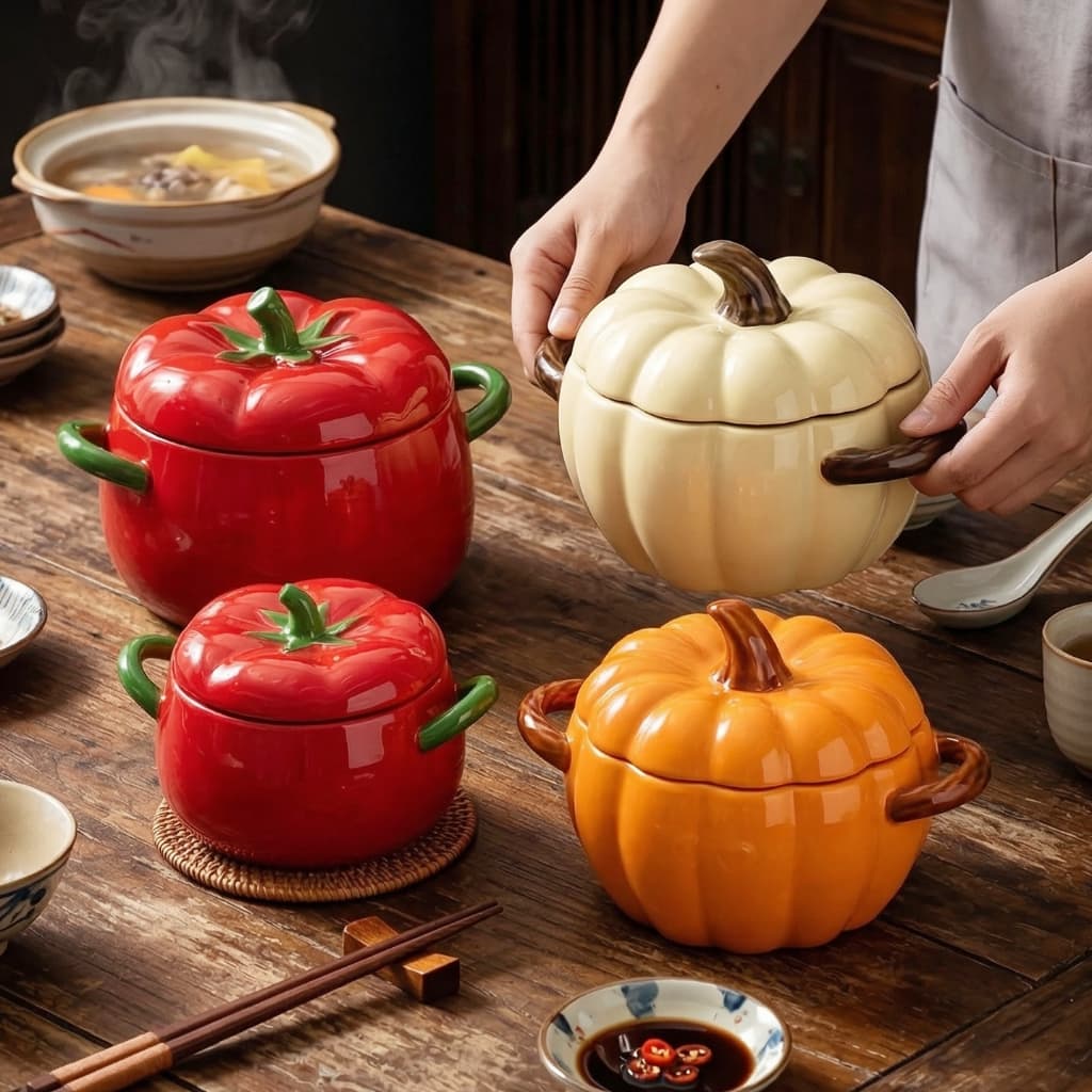 HongDian ชามหม้อเซรามิก ceramic porcelain bowl pot เคลือบใต้เคลือบดีไซน์ผักจำลอง มีฝาปิดหูคู่ แข็งแรงทนความร้อน วัสดุคุณภาพสูง ปลอดภัยต่ออาหาร ไม่เป็นพิษ สีไม่ซีดจาง ใช้กับ microwave oven ได้ ใช้กับเตาอบได้ ล้างใน dishwasher ได้ ใช้กับตู้ฆ่าเชื้อ รูปที่ 1