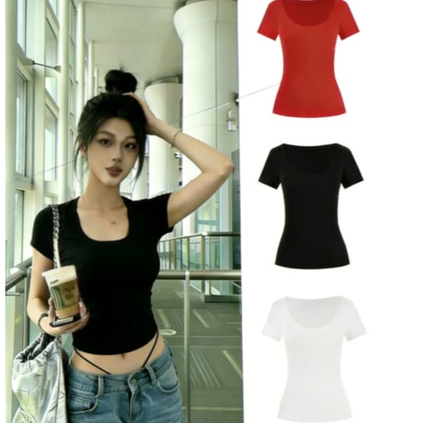ReinaQueen เสื้อยูนีคอทีเชิ้ตเข้ารูป ผ้าไมโครไฟเบอร์USA นุ่มละมุน สไตล์หวานใสเซ็กซี่ เข้ารูปโชว์หุ่น สาวตัวเล็กดูสูง ฮิตติดเทรนด์ รูปที่ 3