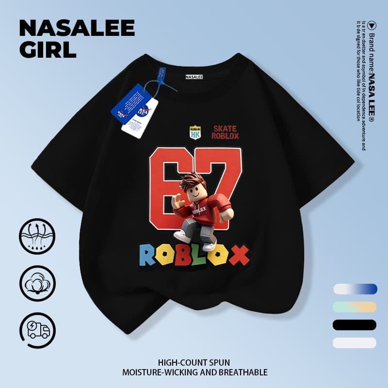 【จัดส่งจากกรุงเทพ】เสื้อยืดผ้าฝ้ายสีดำ NASA สำหรับเด็ก ลาย sixseven ตุ๊กตาบล็อก สไตล์อเมริกันสุดเท่ เหมาะสำหรับเด็กอายุ 3-16 ปี ทรงหลวม แขนสั้น ใส่สบายสำหรับเปิดเทอม