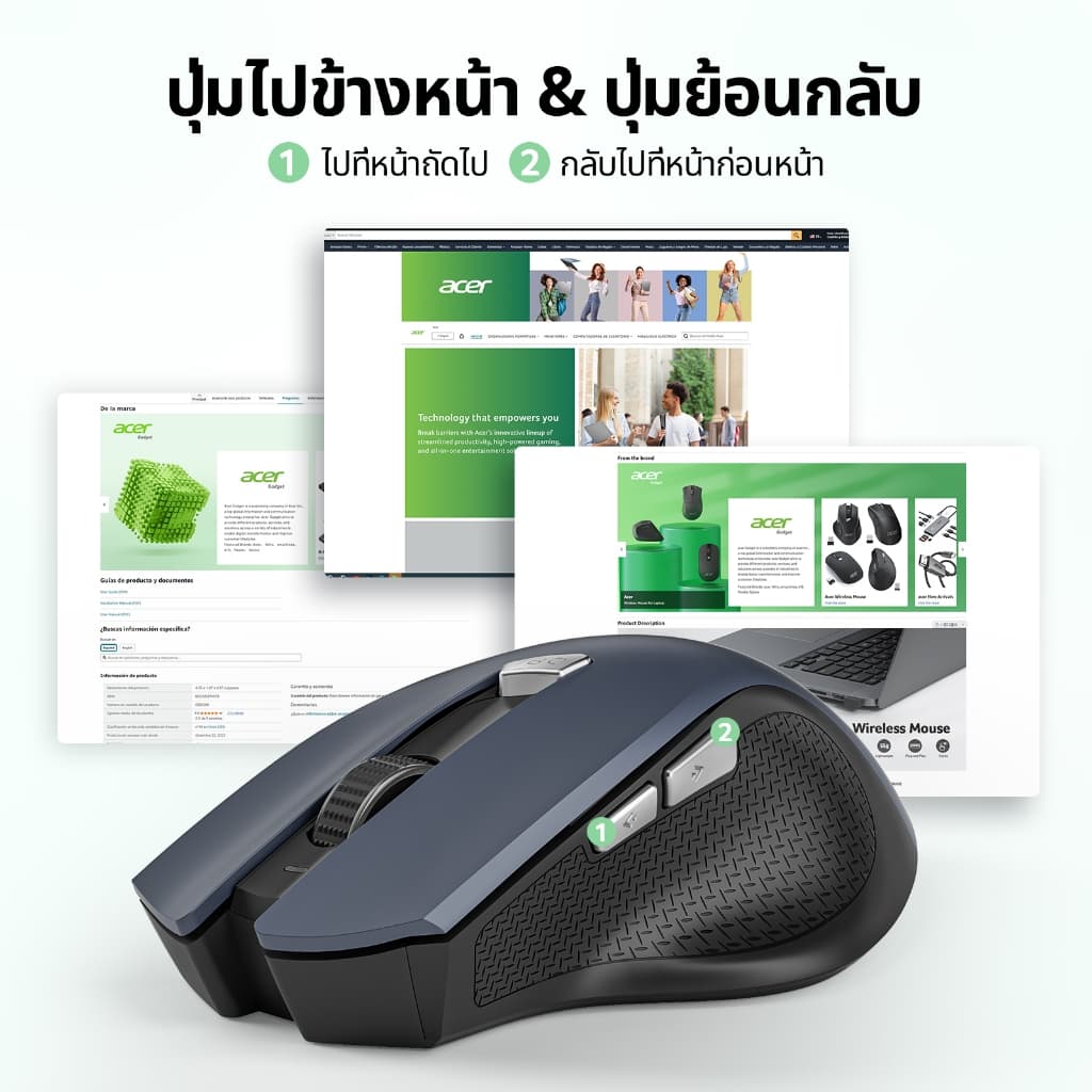 Acer เมาส์ไร้สาย 6 ปุ่มกดแบบเงียบ, การเชื่อมต่อไร้สาย 2.4GHz , ปรับระดับ DPI ได้ 3 ระดับ , ดีไซน์แบบสมมาตรใช้งานได้ทั้งสองมือ,รองรับ PC / Mac / Linux / แล็ปท็อป M04B รูปที่ 2