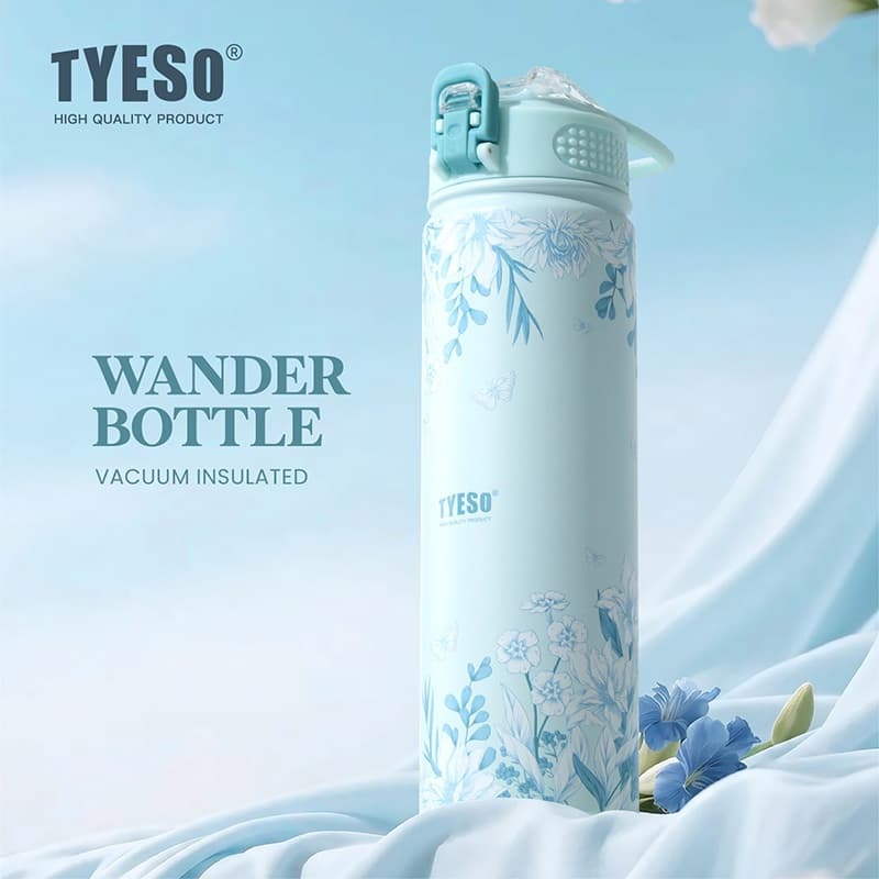 TYESO Sky Blue Floral Insulated Tumbler สแตนเลสถ้วยสูญญากาศพร้อมฟาง 24H เย็น 12H ร้อน รูปที่ 3