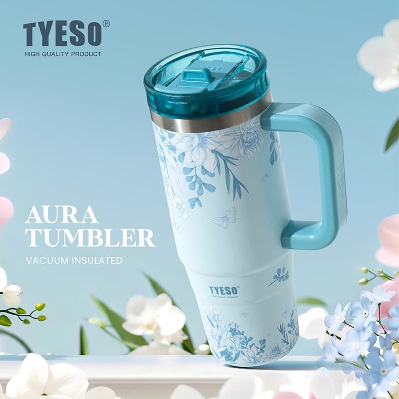 TYESO Sky Blue Floral Insulated Tumbler สแตนเลสถ้วยสูญญากาศพร้อมฟาง 24H เย็น 12H ร้อน รูปที่ 2