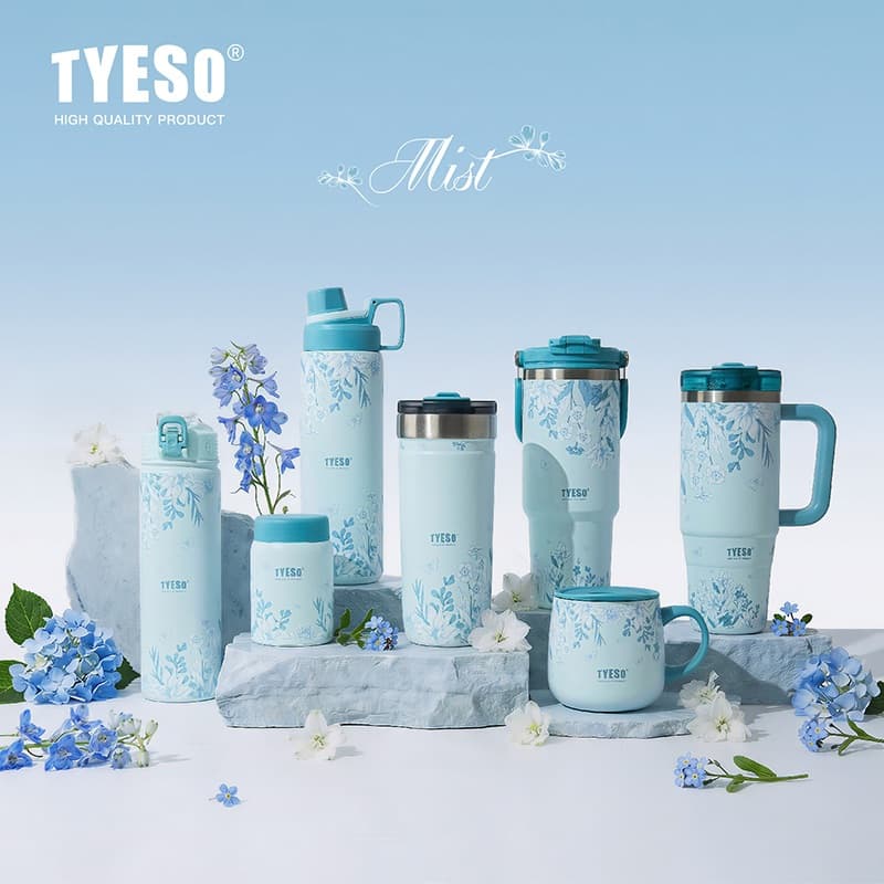 TYESO Sky Blue Floral Insulated Tumbler สแตนเลสถ้วยสูญญากาศพร้อมฟาง 24H เย็น 12H ร้อน รูปที่ 7