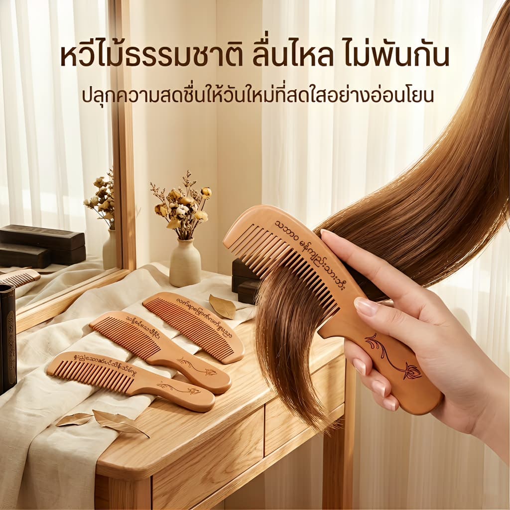 ไม้ธรรมชาติหวีนวดหนังศีรษะป้องกันไฟฟ้าสถิตย์รอบหวีฟันไม่มีนอตครัวเรือนย้อนยุคสี่ตัวเลือก รูปที่ 7