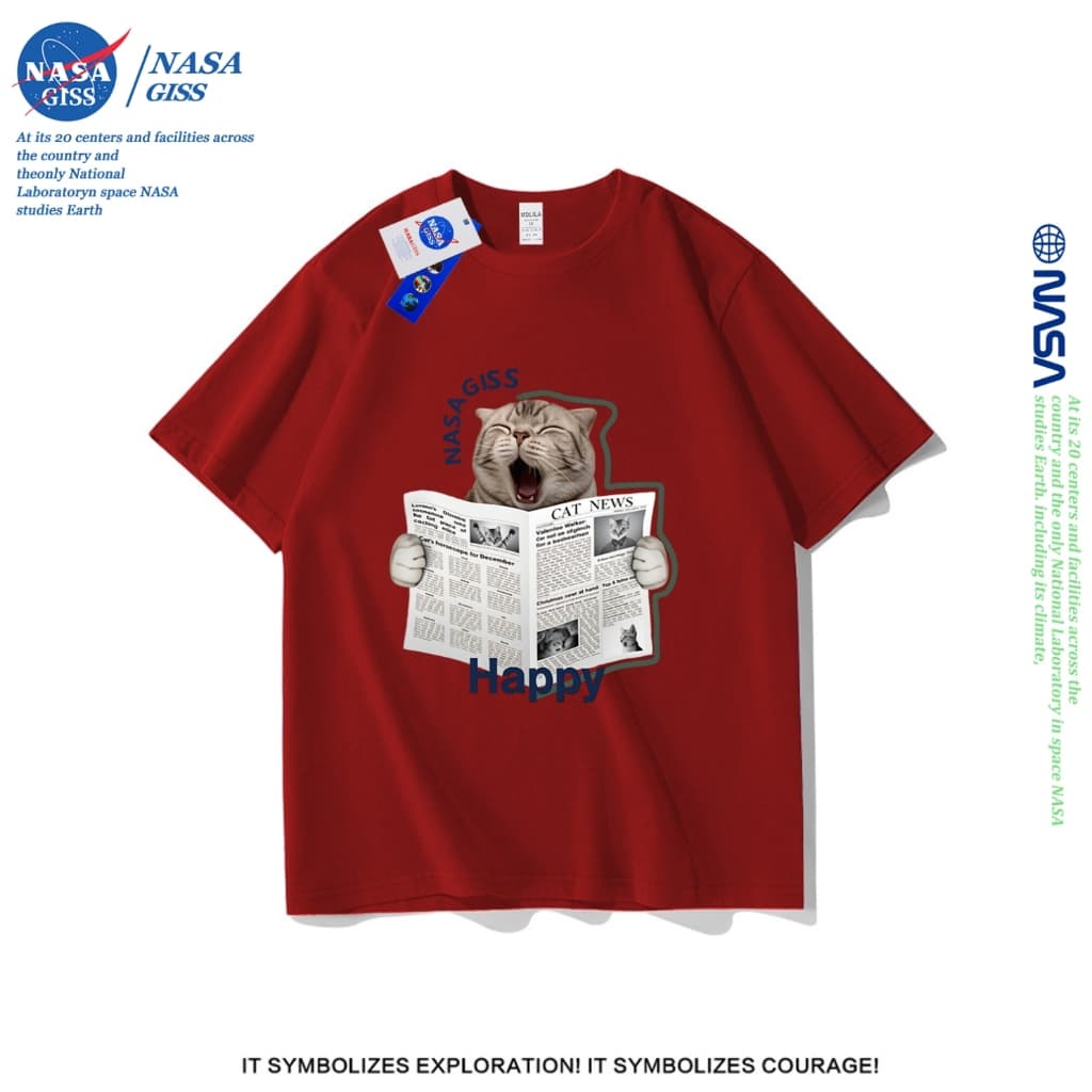 NASA เสื้อยืดชายหญิงแขนสั้น สไตล์ลำลอง summer แมวอ่านหนังสือพิมพ์ พิมพ์ลาย คอตตอน คอกลม หลวมและระบายอากาศ รูปที่ 3