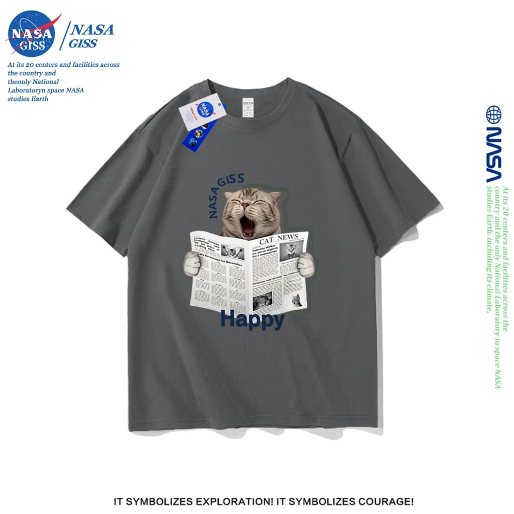 NASA เสื้อยืดชายหญิงแขนสั้น สไตล์ลำลอง summer แมวอ่านหนังสือพิมพ์ พิมพ์ลาย คอตตอน คอกลม หลวมและระบายอากาศ รูปที่ 4