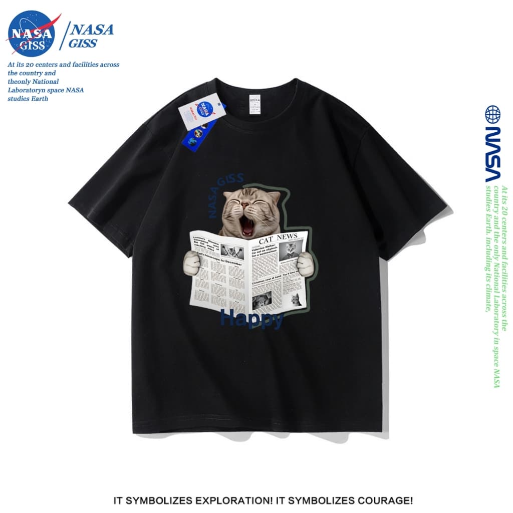 NASA เสื้อยืดชายหญิงแขนสั้น สไตล์ลำลอง summer แมวอ่านหนังสือพิมพ์ พิมพ์ลาย คอตตอน คอกลม หลวมและระบายอากาศ รูปที่ 2