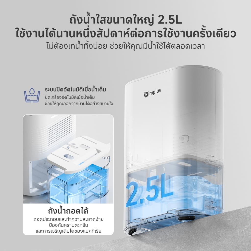 Simplus เครื่องลดความชื้น 2-in-1 พร้อมฟอกอากาศ ระบบ Dual-Core ลดความชื้น 850 มล./วัน ถังน้ำ 2.5 ลิตร รองรับอโรม่า กรองอากาศ HEPA11 มีโหมดสลีป เหมาะสำหรับห้องนอน Dehumidifier Fresh 4/Fresh 4 Pro CUSH009 รูปที่ 5
