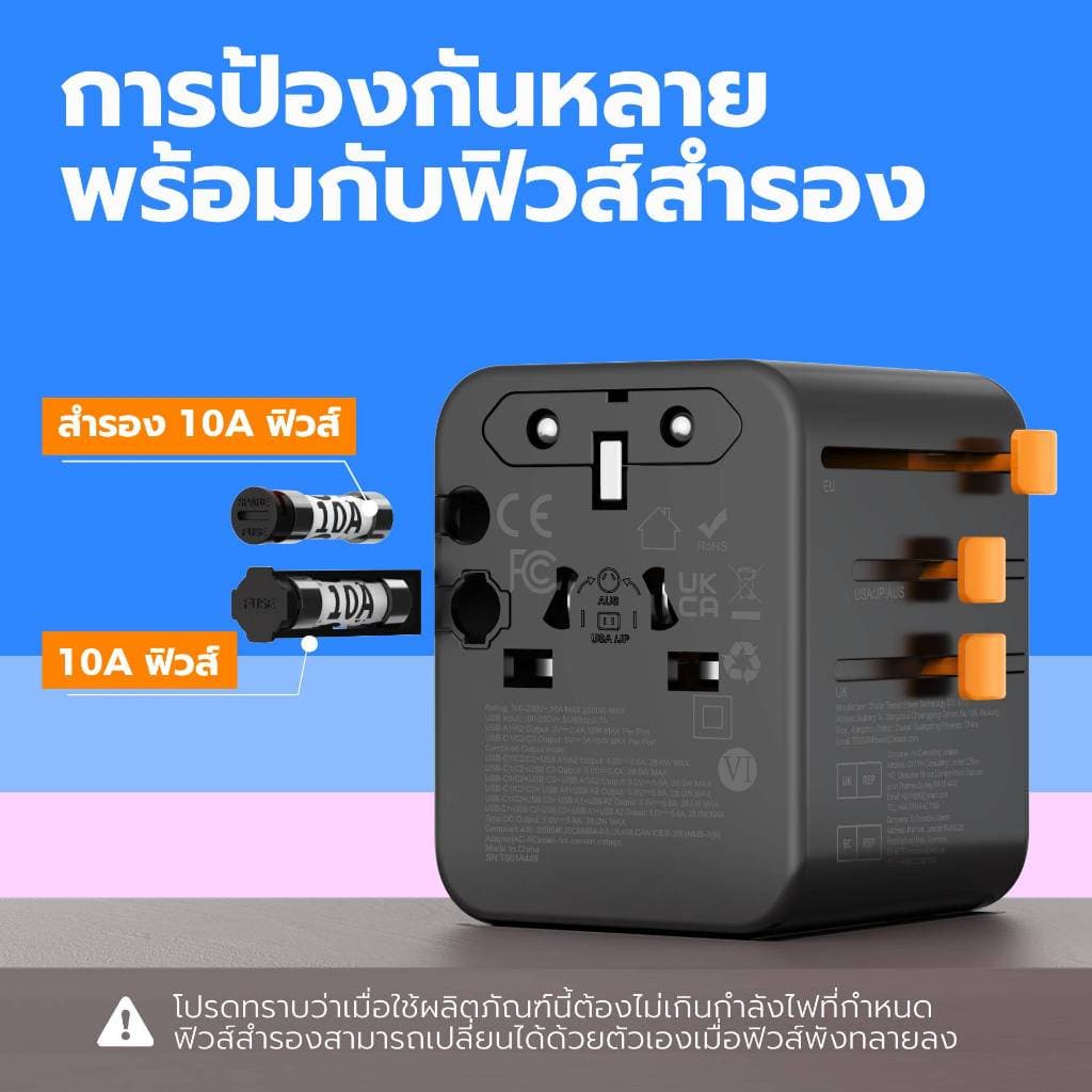 TESSAN 17W/20W/28W/35W/65W/100W หัวแปลงปลั๊กต่างประเทศ Travel Adapter มาพร้อม ช่อง Type-C และ USB-A รูปที่ 8