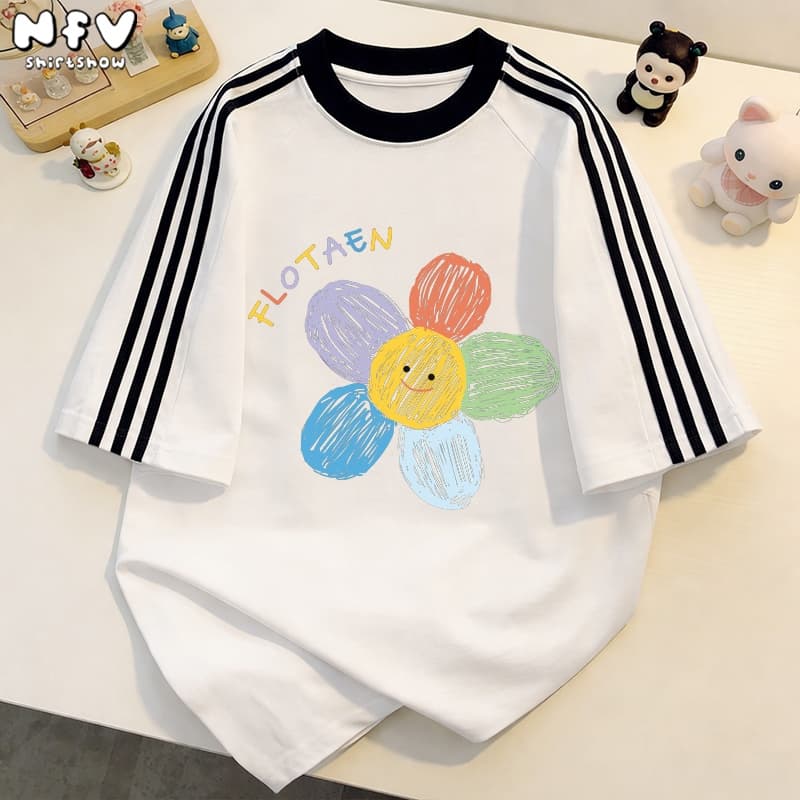 NFV ลายดอกไม้เพ้นท์สี คอเสื้อยืดผู้หญิง ผ้าฝ้ายแท้ โอเวอร์ไซซ์ ใส่สบาย ฤดูร้อน สาวอ้วนYG187 รูปที่ 1
