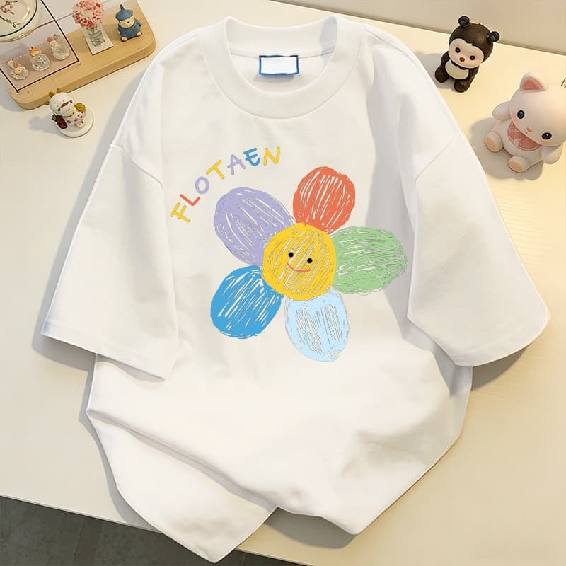 NFV ลายดอกไม้เพ้นท์สี คอเสื้อยืดผู้หญิง ผ้าฝ้ายแท้ โอเวอร์ไซซ์ ใส่สบาย ฤดูร้อน สาวอ้วนYG187 รูปที่ 3