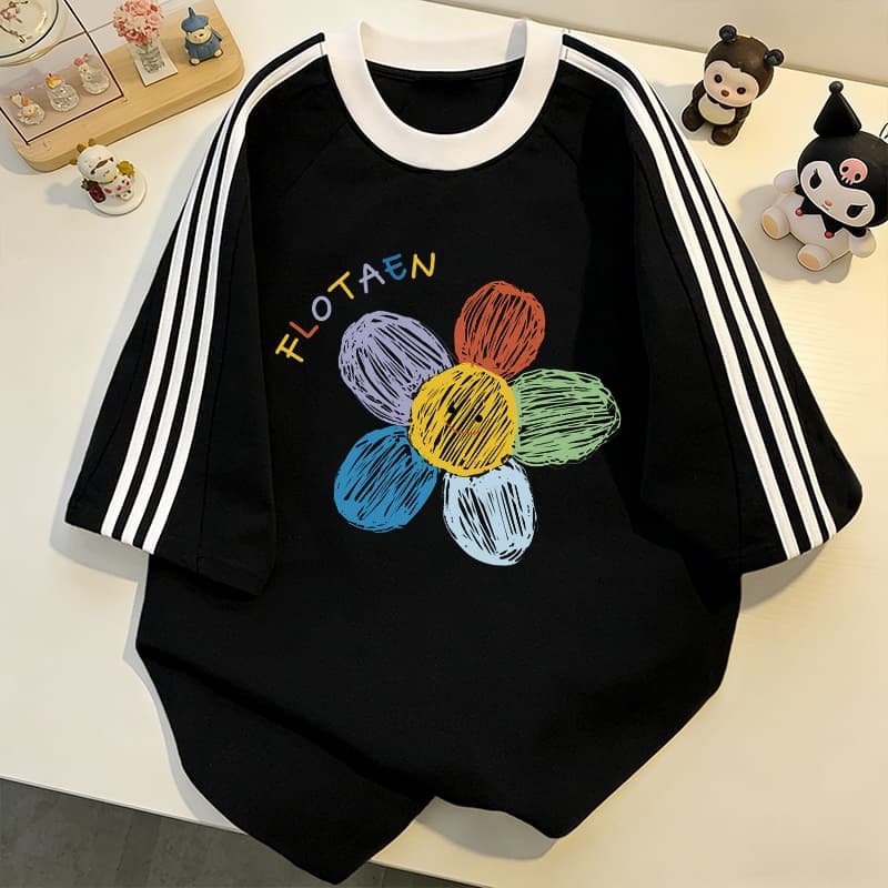NFV ลายดอกไม้เพ้นท์สี คอเสื้อยืดผู้หญิง ผ้าฝ้ายแท้ โอเวอร์ไซซ์ ใส่สบาย ฤดูร้อน สาวอ้วนYG187 รูปที่ 2