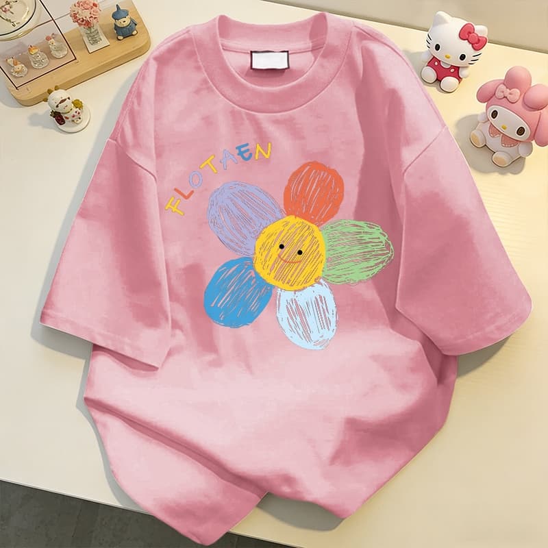 NFV ลายดอกไม้เพ้นท์สี คอเสื้อยืดผู้หญิง ผ้าฝ้ายแท้ โอเวอร์ไซซ์ ใส่สบาย ฤดูร้อน สาวอ้วนYG187 รูปที่ 4