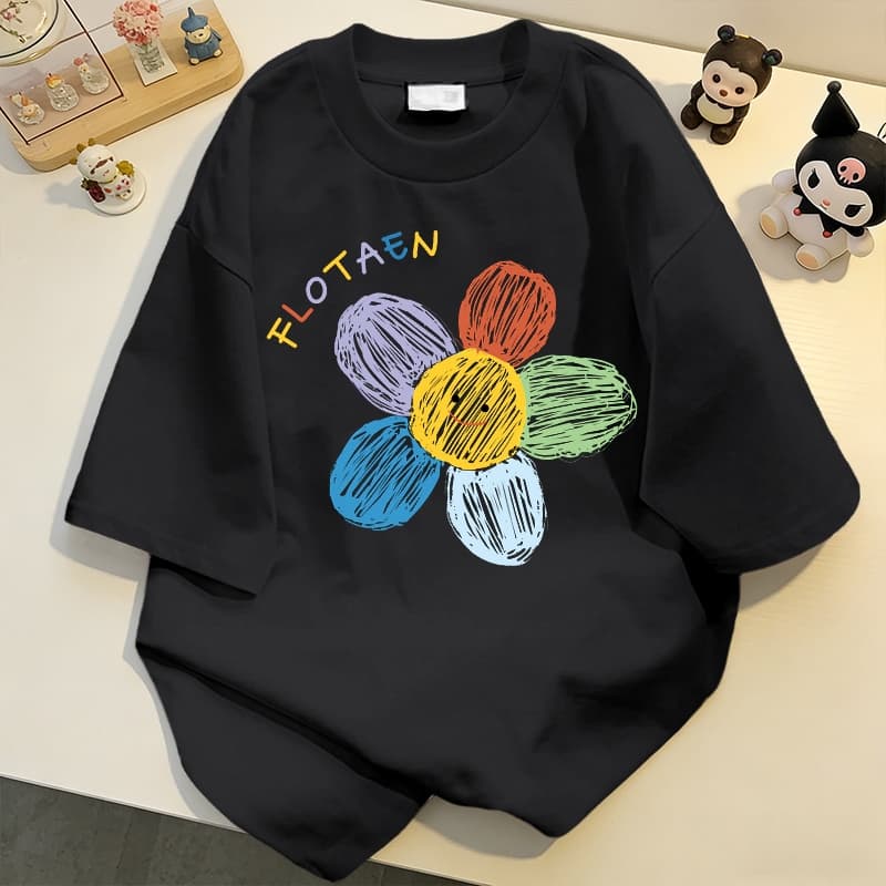 NFV ลายดอกไม้เพ้นท์สี คอเสื้อยืดผู้หญิง ผ้าฝ้ายแท้ โอเวอร์ไซซ์ ใส่สบาย ฤดูร้อน สาวอ้วนYG187 รูปที่ 5