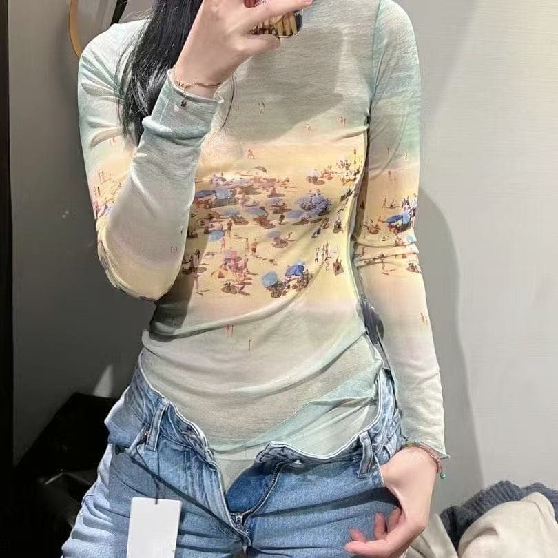 เสื้อยืดผู้หญิงสไตล์เกาหลีเรโทร แขนยาว พิมพ์ลายรอบคอมินิมอล ทรงเพรียวบาง สไตล์ไม่เหมือนใคร รูปที่ 6