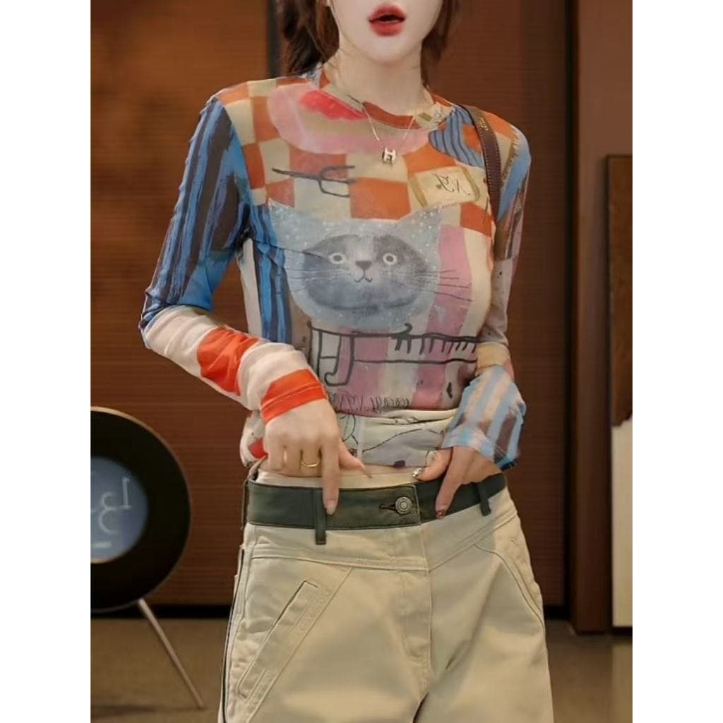 เสื้อยืดผู้หญิงสไตล์เกาหลีเรโทร แขนยาว พิมพ์ลายรอบคอมินิมอล ทรงเพรียวบาง สไตล์ไม่เหมือนใคร รูปที่ 7