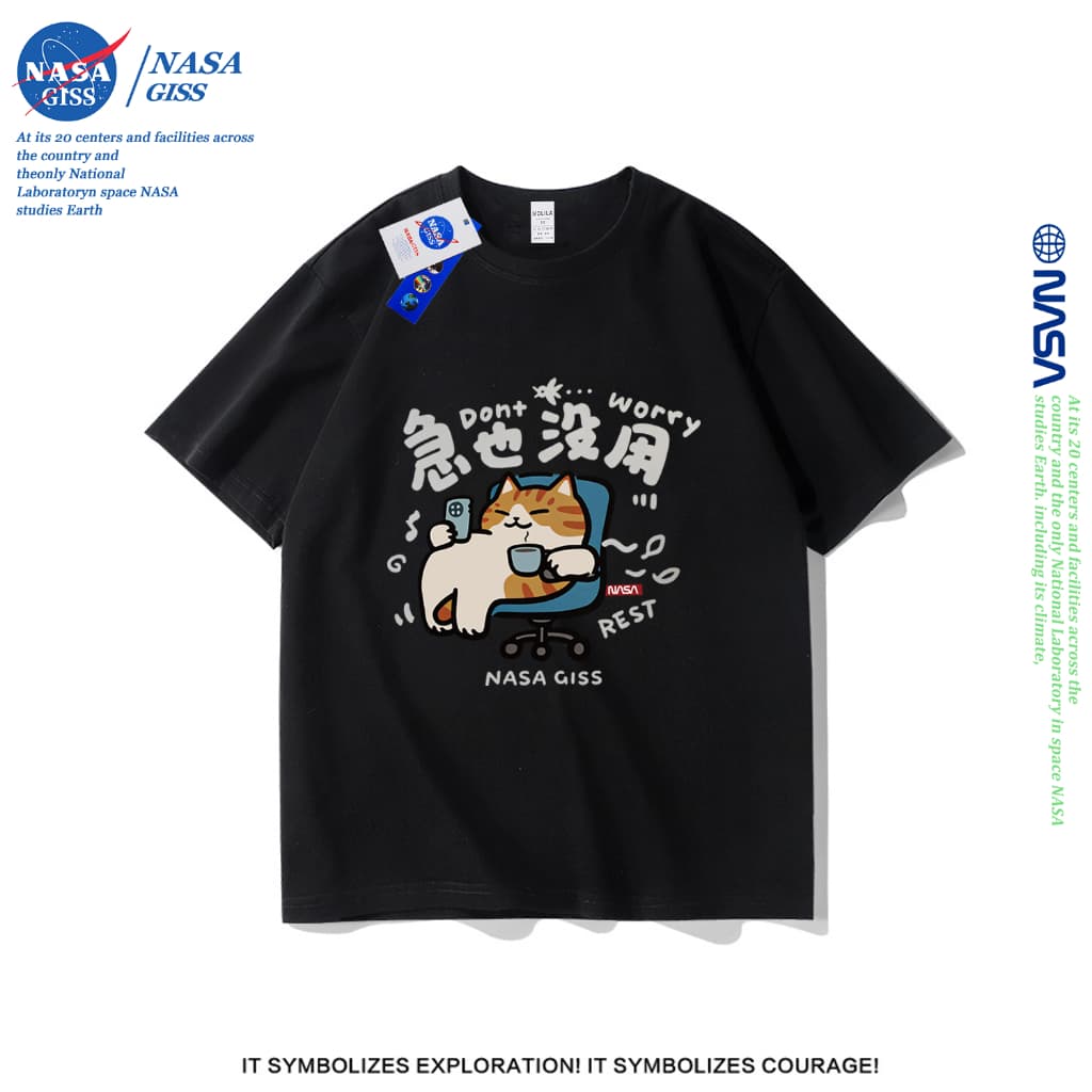 NASA เสื้อยืดชายหญิงแขนสั้น สไตล์ลำลอง summer Don't worry พิมพ์ลาย คอตตอน คอกลม หลวมและระบายอากาศ รูปที่ 2