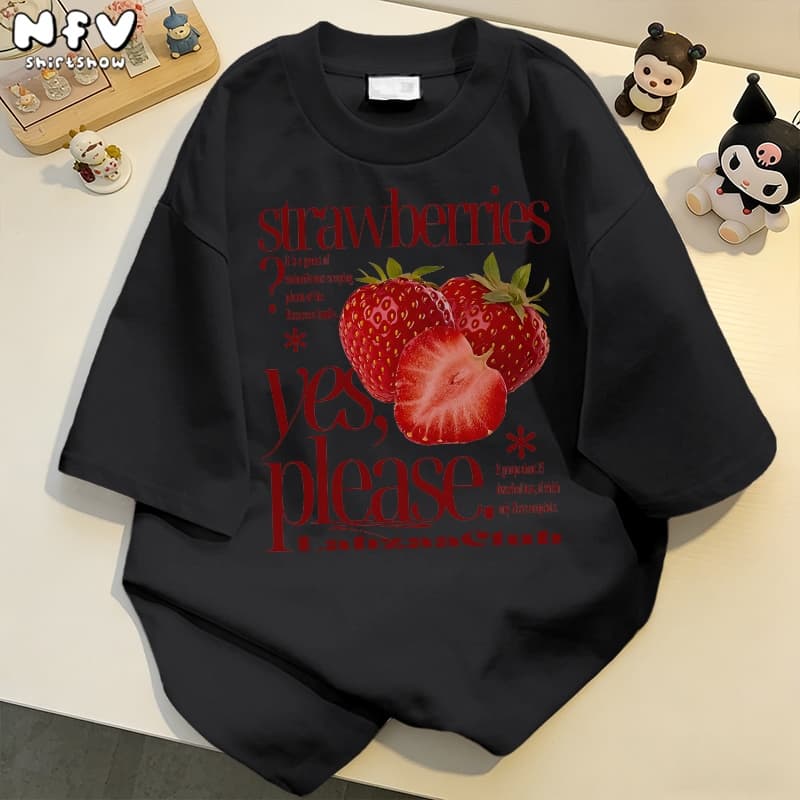 NFV แฟชั่นเกาหลีเสื้อยืดแขนสั้นคอกลม ลายสตรอว์เบอร์รี่ oversize ระบายอากาศ ทรงหลวม YG1238 รูปที่ 4