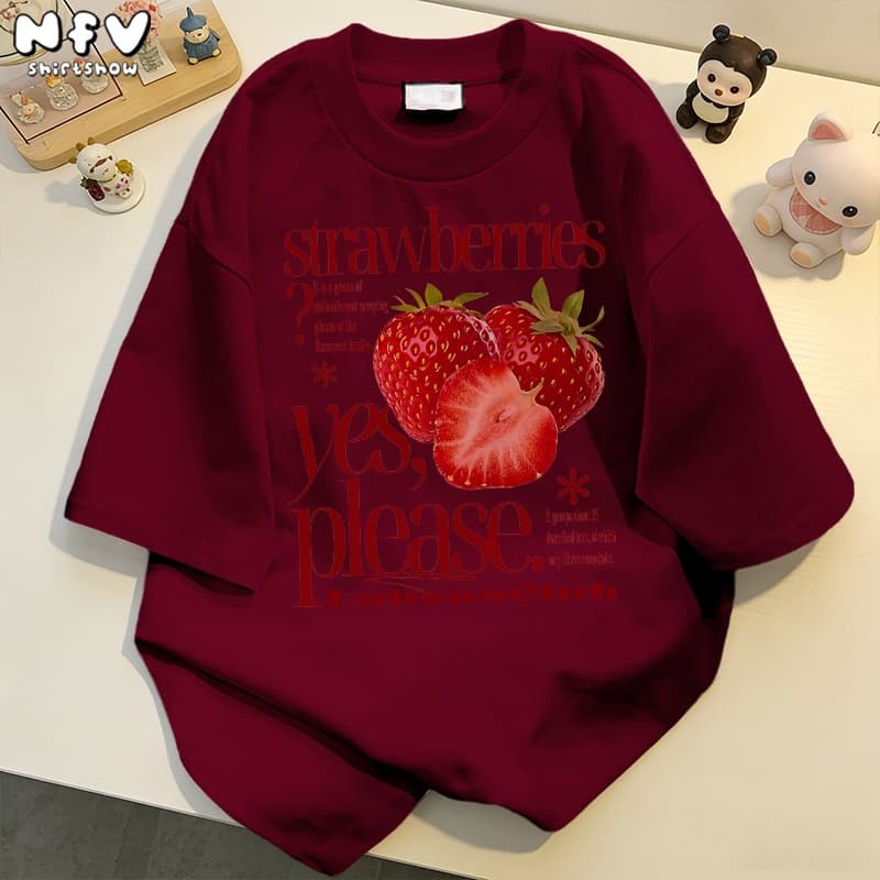 NFV แฟชั่นเกาหลีเสื้อยืดแขนสั้นคอกลม ลายสตรอว์เบอร์รี่ oversize ระบายอากาศ ทรงหลวม YG1238 รูปที่ 5