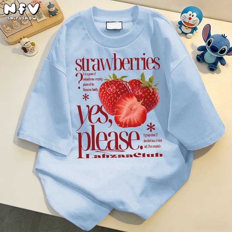 NFV แฟชั่นเกาหลีเสื้อยืดแขนสั้นคอกลม ลายสตรอว์เบอร์รี่ oversize ระบายอากาศ ทรงหลวม YG1238 รูปที่ 3