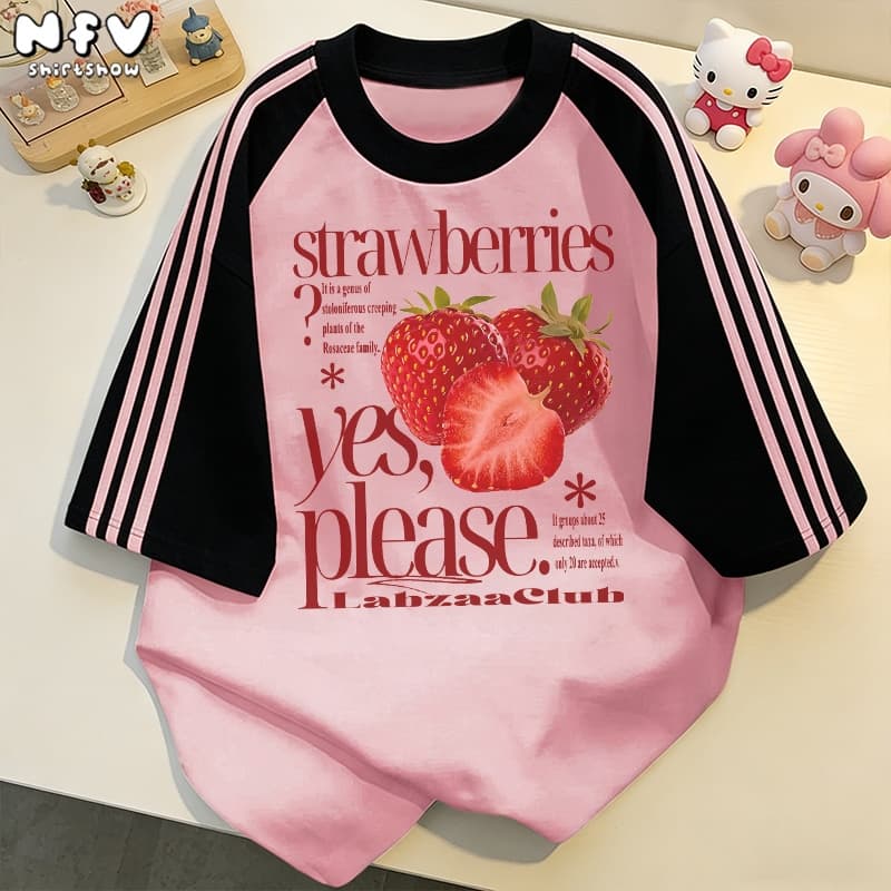 NFV แฟชั่นเกาหลีเสื้อยืดแขนสั้นคอกลม ลายสตรอว์เบอร์รี่ oversize ระบายอากาศ ทรงหลวม YG1238 รูปที่ 6