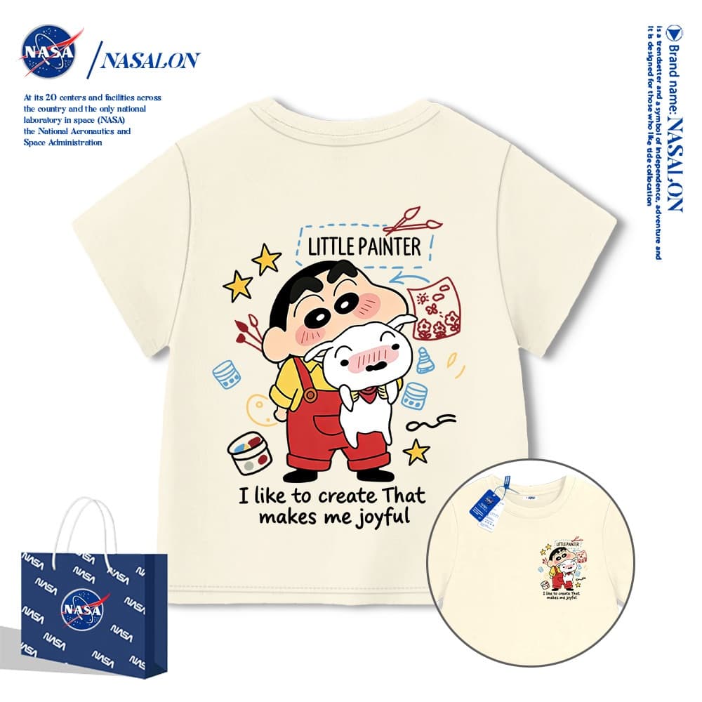 NASA เสื้อยืดเด็ก สีขาว ลายการ์ตูนเครยอนชินจัง เสื้อยืดแขนสั้นเด็ก ผ้าฝ้าย 100% ระบายอากาศดี คุณภาพดี รูปที่ 1