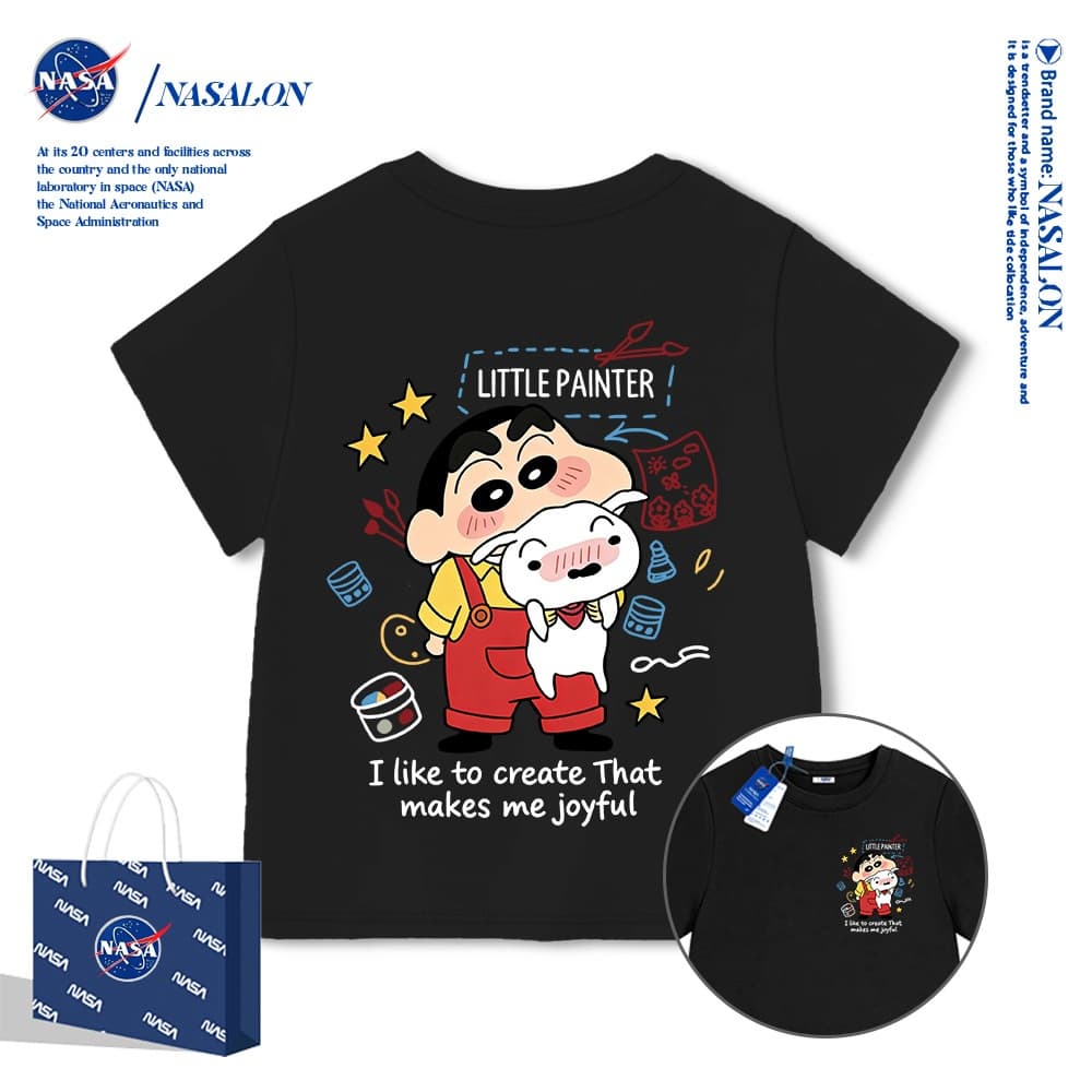 NASA เสื้อยืดเด็ก สีขาว ลายการ์ตูนเครยอนชินจัง เสื้อยืดแขนสั้นเด็ก ผ้าฝ้าย 100% ระบายอากาศดี คุณภาพดี รูปที่ 2