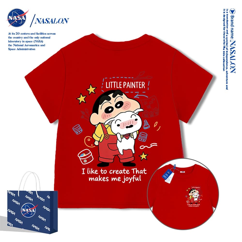 NASA เสื้อยืดเด็ก สีขาว ลายการ์ตูนเครยอนชินจัง เสื้อยืดแขนสั้นเด็ก ผ้าฝ้าย 100% ระบายอากาศดี คุณภาพดี รูปที่ 3