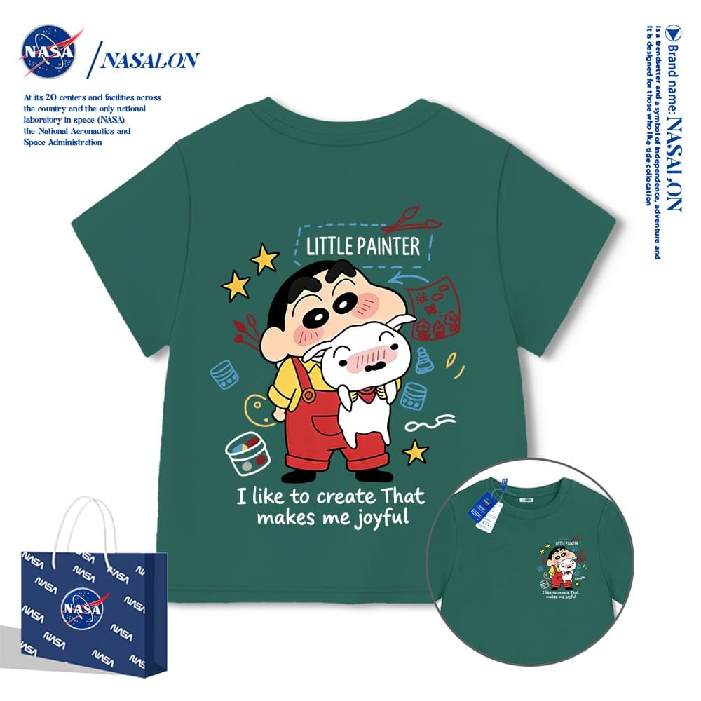 NASA เสื้อยืดเด็ก สีขาว ลายการ์ตูนเครยอนชินจัง เสื้อยืดแขนสั้นเด็ก ผ้าฝ้าย 100% ระบายอากาศดี คุณภาพดี รูปที่ 4