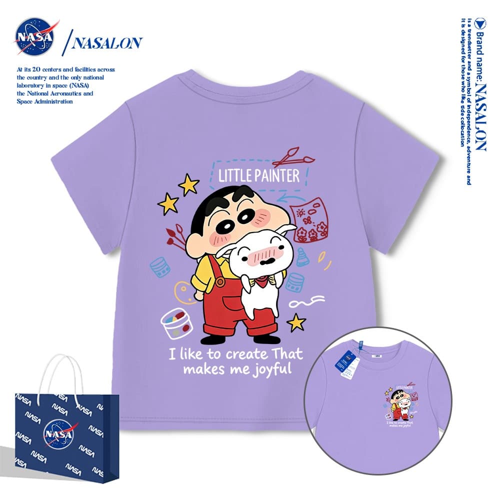 NASA เสื้อยืดเด็ก สีขาว ลายการ์ตูนเครยอนชินจัง เสื้อยืดแขนสั้นเด็ก ผ้าฝ้าย 100% ระบายอากาศดี คุณภาพดี รูปที่ 5