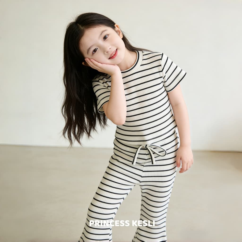 Princess Kesli เสื้อแขนสั้นกางเกงขาม้า ชุดเซ็ทเด็กผู้หญิง แฟชั่น สไตล์เกาหลี เสื้อลายเส้น สําหรับเด็กผู้หญิง 2 ชิ้น 2-12 ปี รูปที่ 5