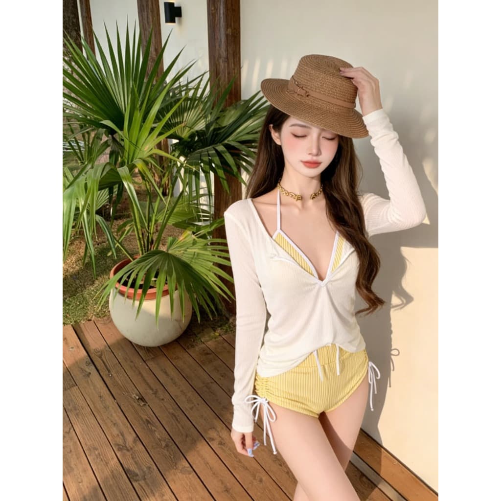 ชุดว่ายน้ำแขนยาวลายทาง ชุดสามชิ้นสำหรับชายหาด ทำจากผ้านุ่มสบาย#KJS235 รูปที่ 7