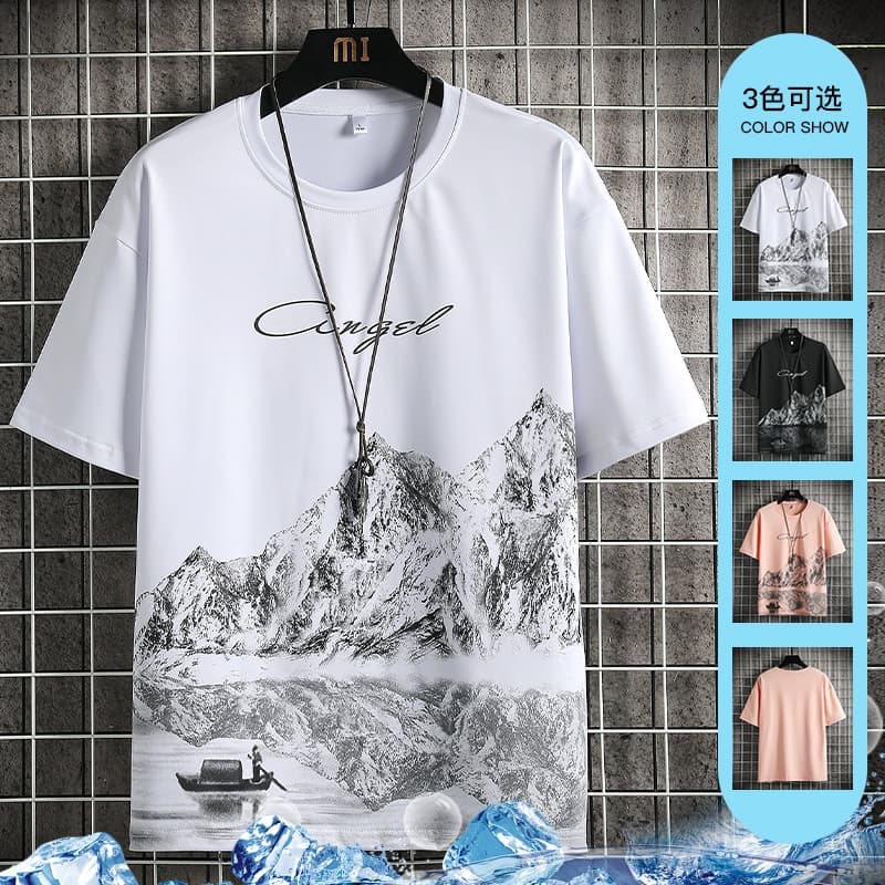 เสื้อยืดคอกลมผ้าไหมน้ำแข็งสำหรับผู้ชาย สวมใส่ง่ายสบายในฤดูร้อน ออกแบบให้ระบายอากาศได้ดี มีสไตล์ทันสมัย รูปที่ 1
