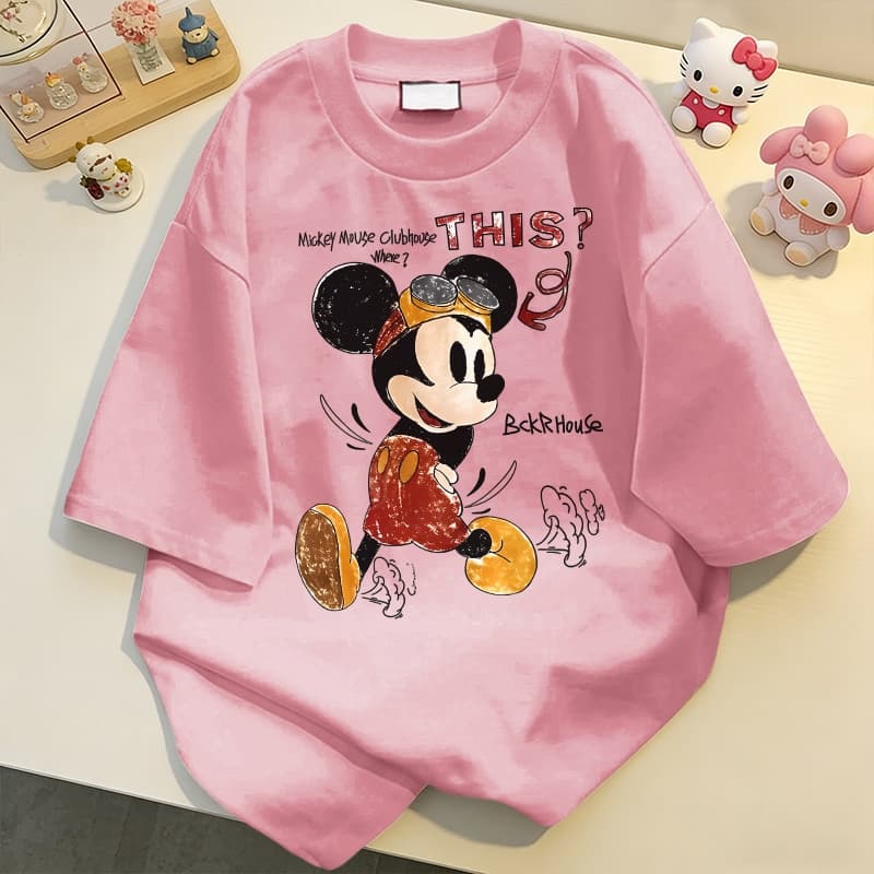 NFV แฟชั่นเกาหลีระบายอากาศ เสื้อยืดแขนสั้นคอกลม ลายพิมพ์ Mickey Mouse ทรงหลวม ใส่สบาย YG3354 รูปที่ 4