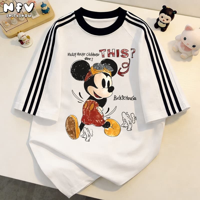 NFV แฟชั่นเกาหลีระบายอากาศ เสื้อยืดแขนสั้นคอกลม ลายพิมพ์ Mickey Mouse ทรงหลวม ใส่สบาย YG3354 รูปที่ 1