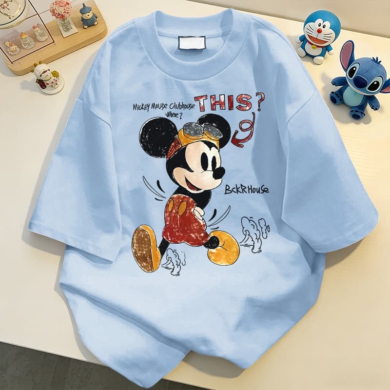 NFV แฟชั่นเกาหลีระบายอากาศ เสื้อยืดแขนสั้นคอกลม ลายพิมพ์ Mickey Mouse ทรงหลวม ใส่สบาย YG3354 รูปที่ 3