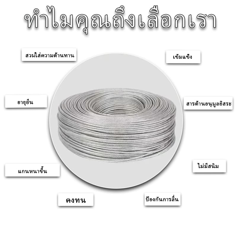 5/10/15M ลวดเหล็กเคลือบพลาสติกใสราวตากผ้าเชือกกลางแจ้งสแตนเลสหนา4มม. รูปที่ 3
