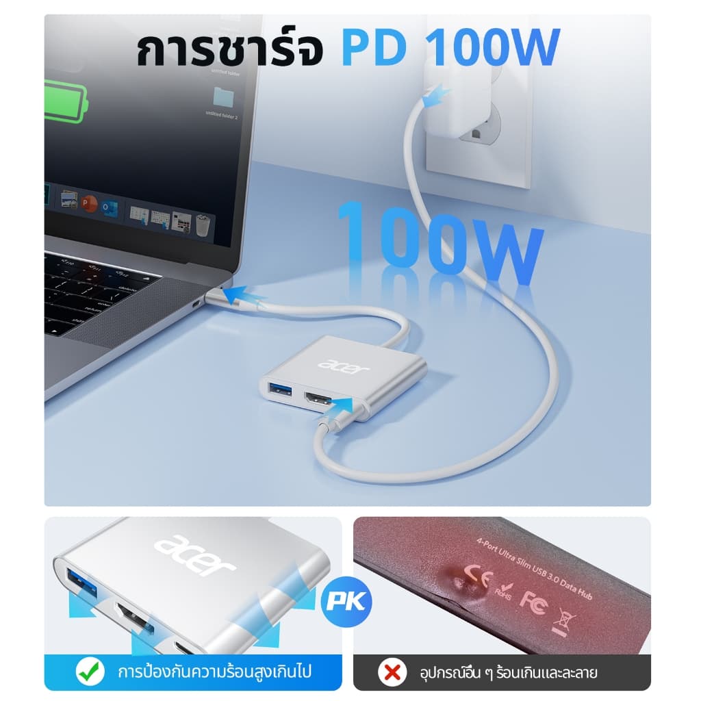 Acer Hub 3-in-1 USB C to HDMI 4K ตัวแปลง Type-C รองรับชาร์จเร็ว 100W PD และ USB 3.0 สำหรับ MacBook, Laptop, PC วัสดุคุณภาพดี แข็งแรง UC303 รูปที่ 3