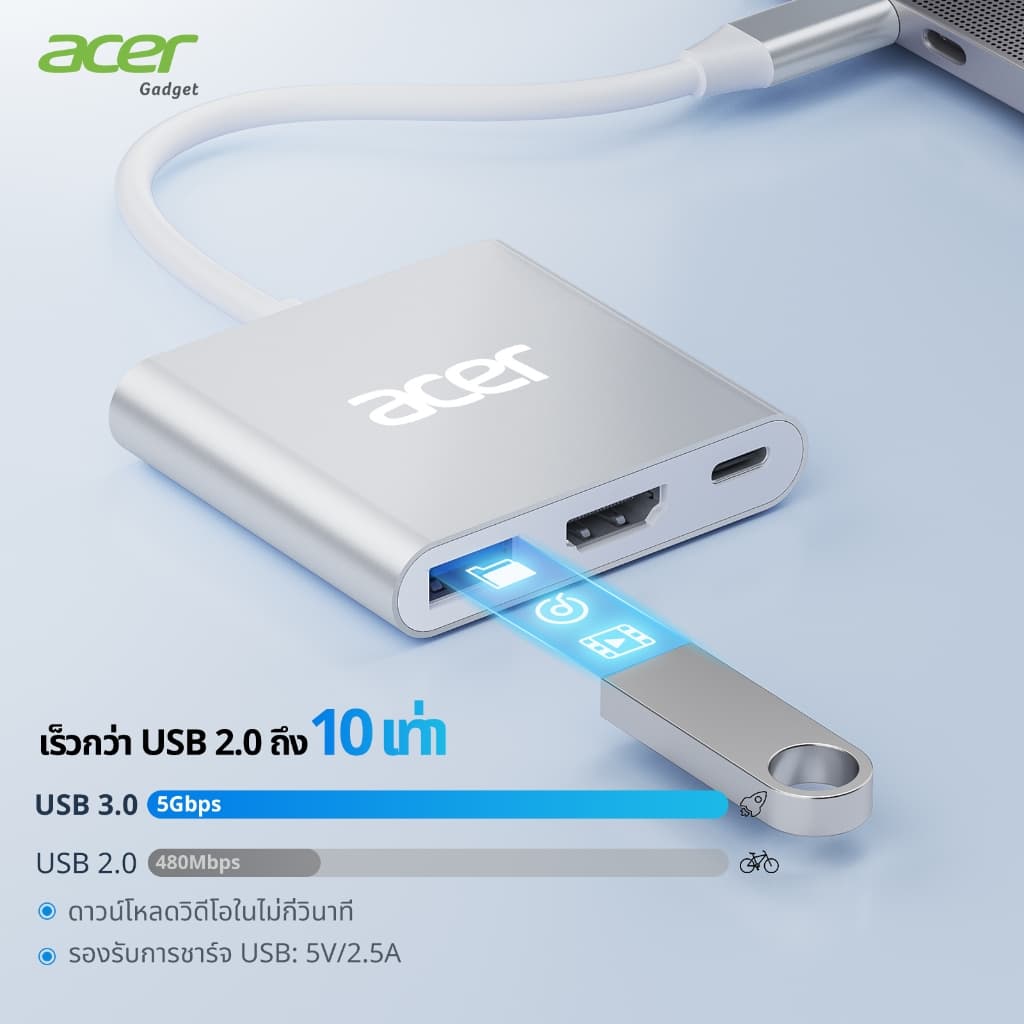 Acer Hub 3-in-1 USB C to HDMI 4K ตัวแปลง Type-C รองรับชาร์จเร็ว 100W PD และ USB 3.0 สำหรับ MacBook, Laptop, PC วัสดุคุณภาพดี แข็งแรง UC303 รูปที่ 4