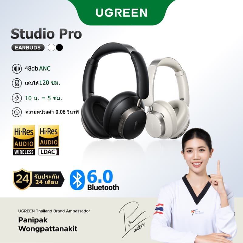 UGREEN หูฟังครอบหู Studio Pro ตัดเสียงรบกวน 48dB ANC หูฟังไร้สาย Over Ear หูฟังบลูทูธ LDAC เวลาเล่น 120 ชม. พลังเสียง Hi-Res ความละเอียดสูง รูปที่ 1