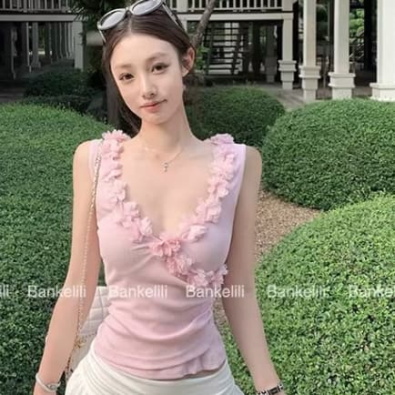 เสื้อสายเดี่ยวผู้หญิง V-Neck ดอกไม้ สีชมพู, เสื้อครอปท็อป สไตล์เกาหลี ฤดูร้อน 2026 รูปที่ 5
