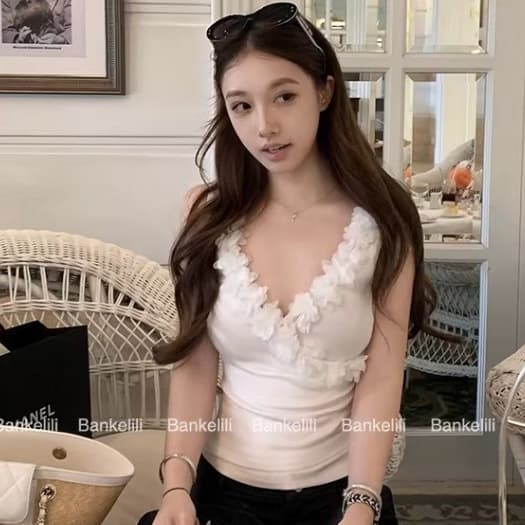 เสื้อสายเดี่ยวผู้หญิง V-Neck ดอกไม้ สีชมพู, เสื้อครอปท็อป สไตล์เกาหลี ฤดูร้อน 2026 รูปที่ 6