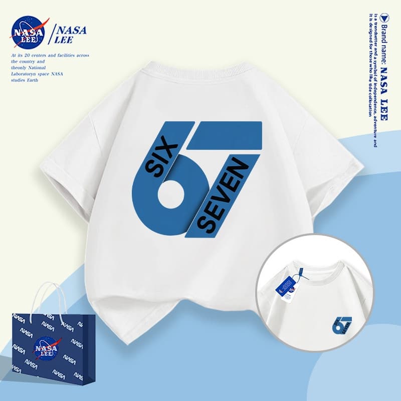 นาซ่า เสื้อผ้าเด็กสร้างสรรค์ 67 อินเทรนด์พิมพ์แขนสั้นชายหญิงฤดูร้อนหลวมทุกการแข่งขันเสื้อยืดขนาดกลางขนาดใหญ่เด็กเสื้อลําล รูปที่ 5