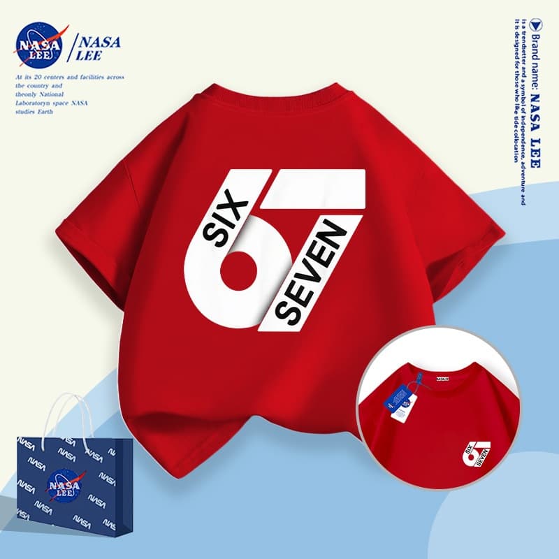 นาซ่า เสื้อผ้าเด็กสร้างสรรค์ 67 อินเทรนด์พิมพ์แขนสั้นชายหญิงฤดูร้อนหลวมทุกการแข่งขันเสื้อยืดขนาดกลางขนาดใหญ่เด็กเสื้อลําล รูปที่ 2