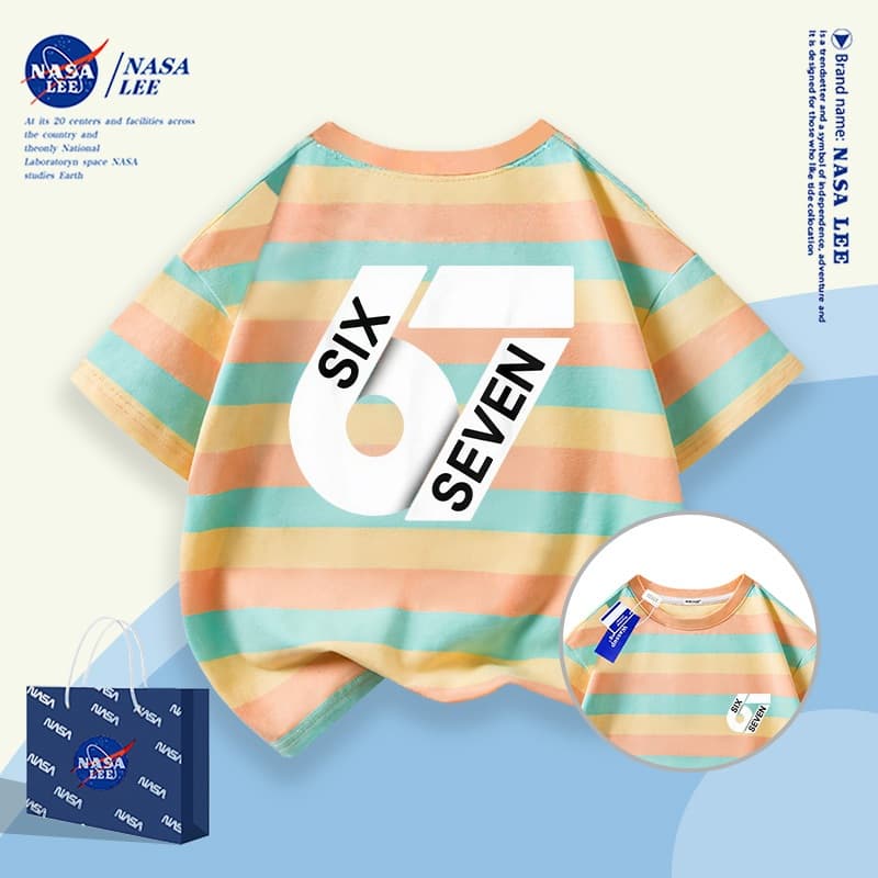 นาซ่า เสื้อผ้าเด็กสร้างสรรค์ 67 อินเทรนด์พิมพ์แขนสั้นชายหญิงฤดูร้อนหลวมทุกการแข่งขันเสื้อยืดขนาดกลางขนาดใหญ่เด็กเสื้อลําล รูปที่ 8