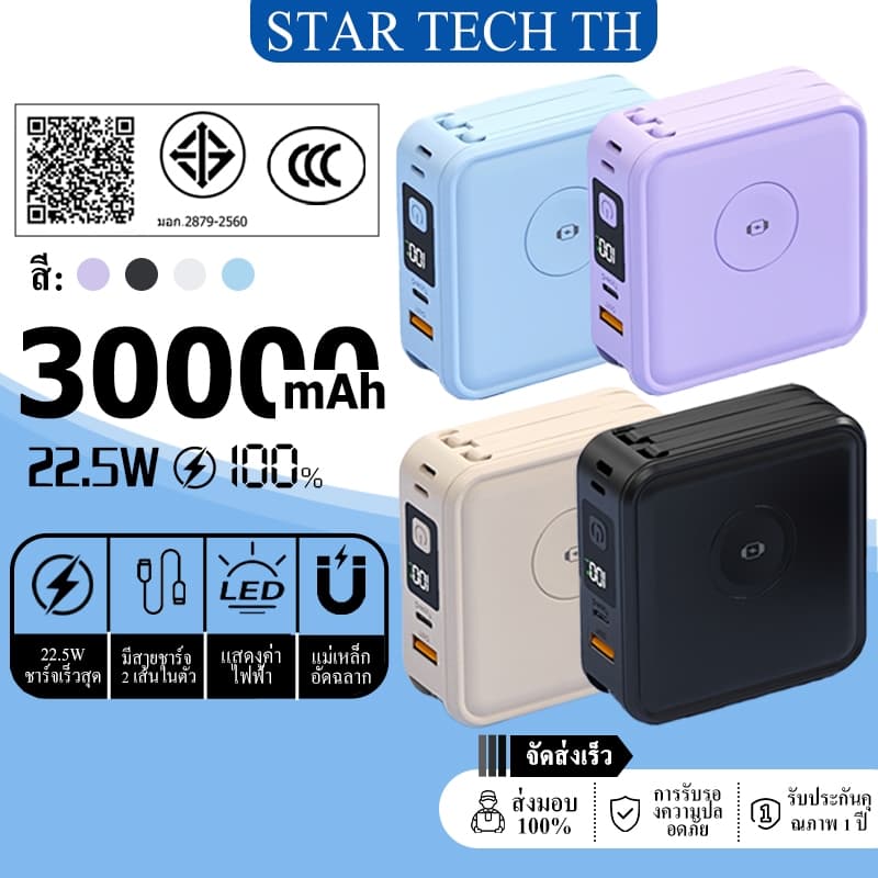 Power Bank 30000mAh ปลั๊ก AC ในตัว แม่เหล็ก MagSafe PD22.5W ชาร์จเร็ว แบตสำรอง รองรับ iPhone Android รับประกัน 5 ปี รูปที่ 1